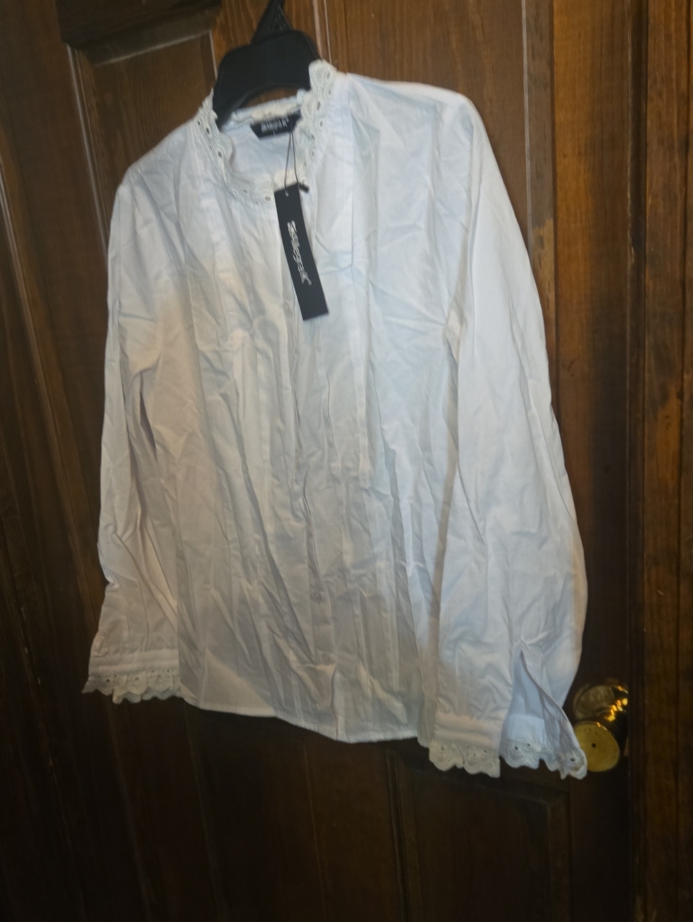Allegra K White Eyelet-Trim Button Blouse NWT